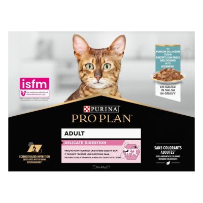 Purina Pro Plan Delicate Digestion, sisältää merikalaa kastikkeessa 10x85 g