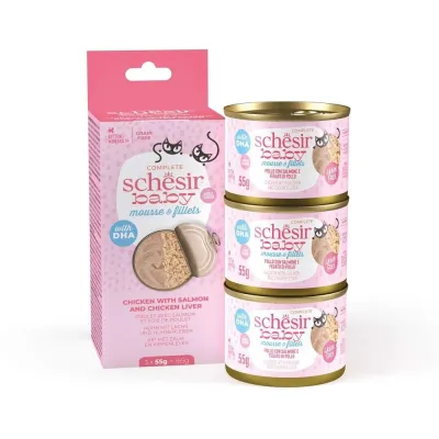 Schesir Baby Mousse & Shreds kana & lohi 3 x 55 g, kuva 1 / 1