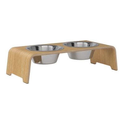 dogBar® Classic korotettu ruokakuppiteline - Vaalea tammi, M-small / Ruostumaton teräs