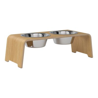 dogBar® Classic korotettu ruokakuppiteline - Vaalea tammi, M / Ruostumaton teräs