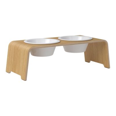 dogBar® Classic korotettu ruokakuppiteline - Vaalea tammi, M / Posliini