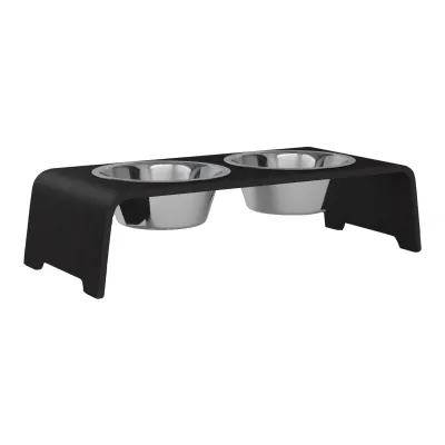 dogBar® Classic korotettu ruokakuppiteline - Tumma tammi, M-small / Ruostumaton teräs, kuva 1 / 1