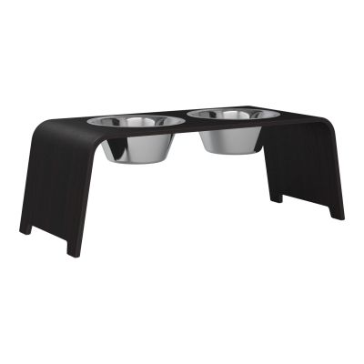 dogBar® Classic korotettu ruokakuppiteline - Tumma tammi, L / Ruostumaton teräs